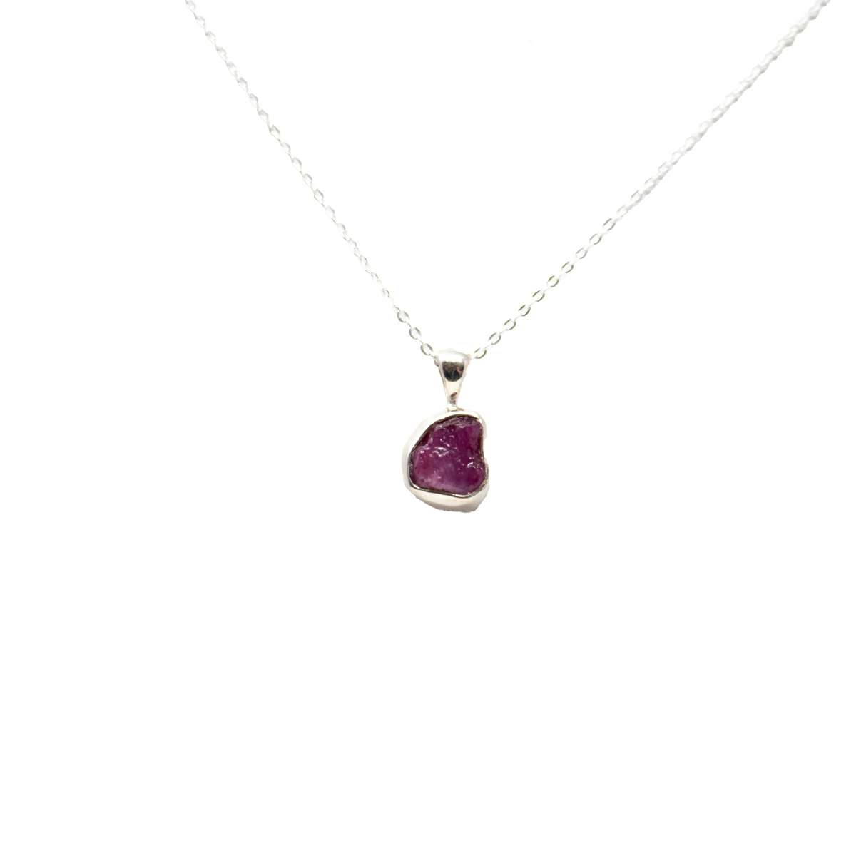 View of Ruby Necklace - Rough Freeform with 925 Sterling Silver Bezel & 18\" Chain