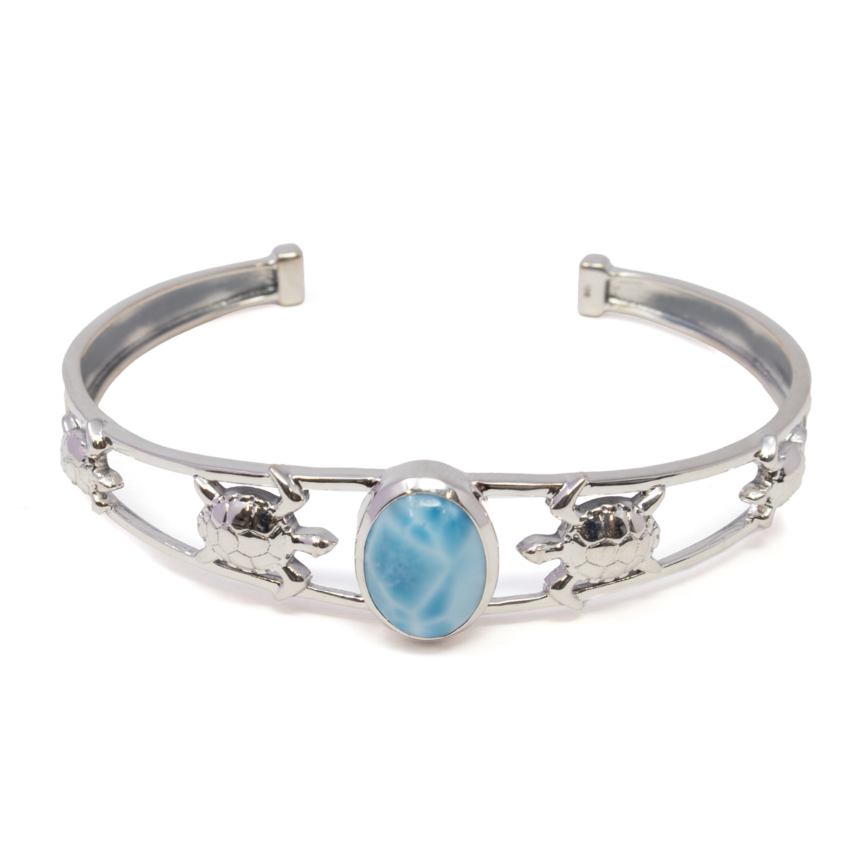View of Larimar Bracelet Cuff - Oval Cabochon Set in 925 Sterling Silver Bezel on 2-Band Cuff with Ornate Turtles