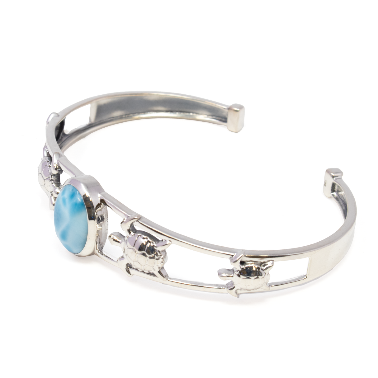 Larimar Bracelet Cuff - Oval Cabochon Set in 925 Sterling Silver Bezel on 2-Band Cuff with Ornate Turtles