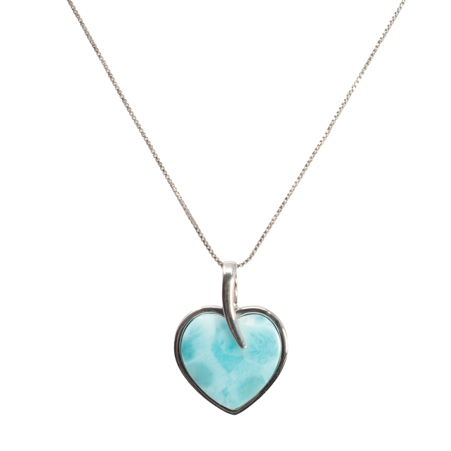View of Larimar Necklace - Heart Cabochon with 925 Sterling Silver Bezel & Long Bail with Rhodium Box Chain