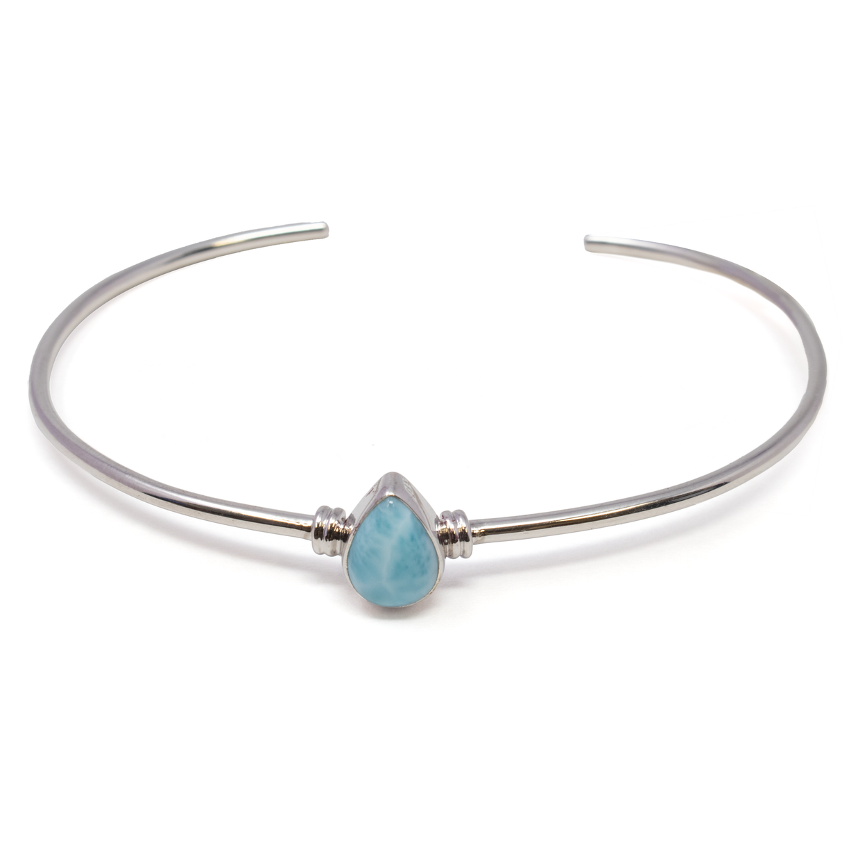 Larimar Twist Bracelet Cuff - Dainty Pear Cabochon Set in 925 Sterling Silver Step Bezel on Simple Single Band Cuff