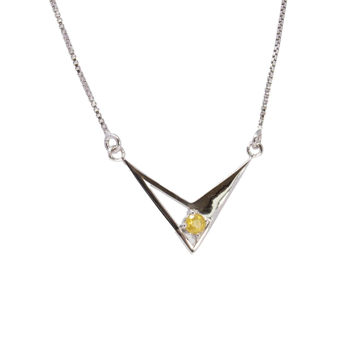 View of Faceted Yellow Sapphire Necklace - Round Prong Set on Angular Cut Out 925 Sterling Silver Chevron & Box Chain