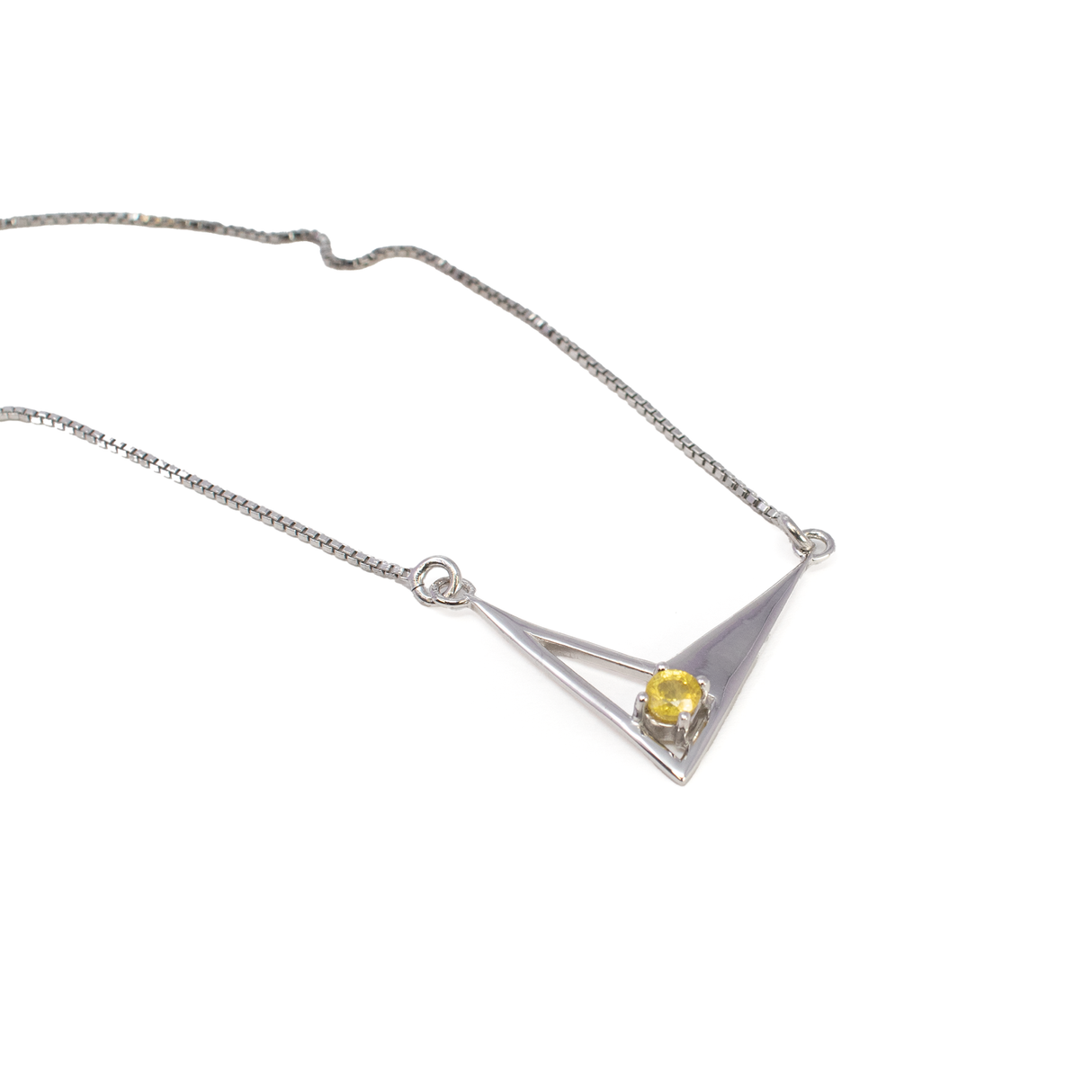 Faceted Yellow Sapphire Necklace - Round Prong Set on Angular Cut Out 925 Sterling Silver Chevron & Box Chain
