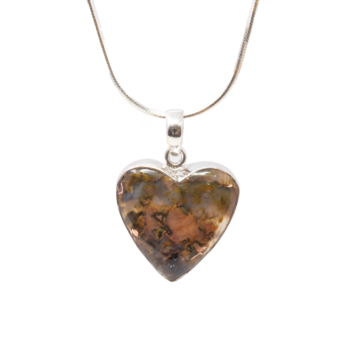 Native Copper Pendant - Classic Heart Cabochon with Simple Rhodium Plated 925 Sterling Silver Bezel