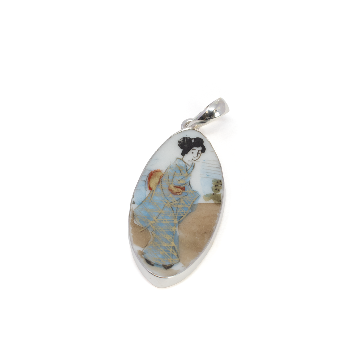 View of Porcelain Pendant - Sharp Oval with 925 Sterling Silver Bezel - Ornate Art of Woman in Kimono