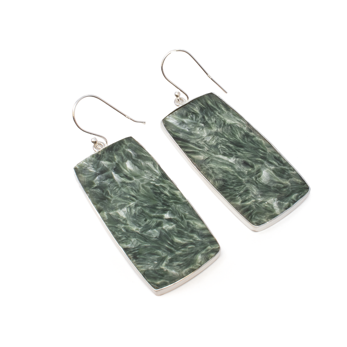 View of Seraphinite Dangle Earrings - Elongated Flat Cut Rectangle Cabochon with Simple 925 Sterling Silver Bezel 1\"+