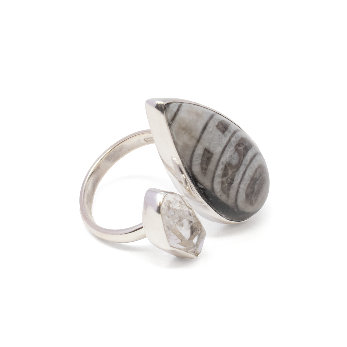 View of Orthoceras Fossil Ring - Pear Cabochon on Open Band with Rough Herkimer Diamond - Bezel Set with 925 Sterling Silver szADJ