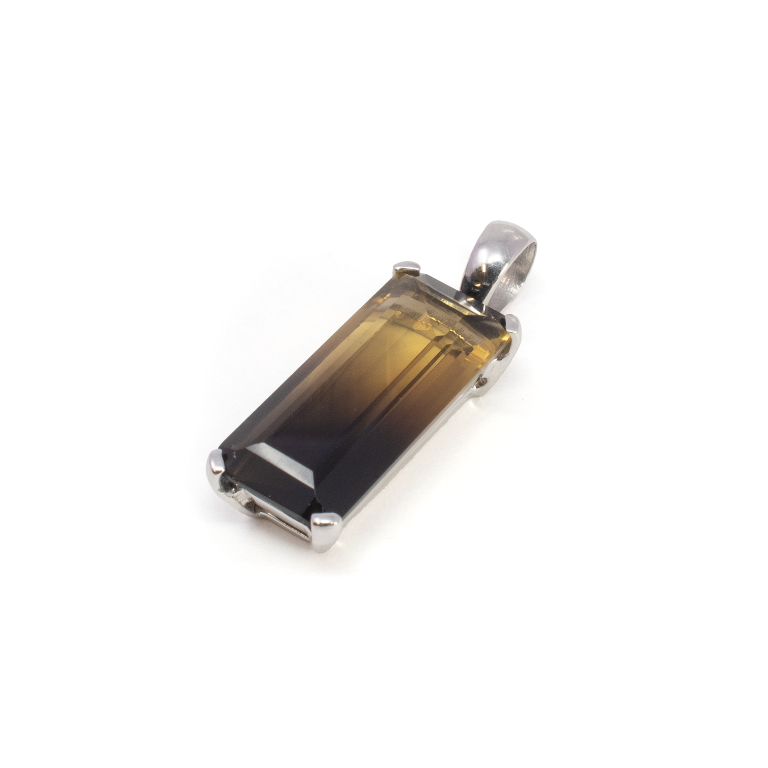 Phantom Smoky Quartz Pendant - Faceted Elongated Rectangle Prong Set on 925 Sterling Silver Open Base