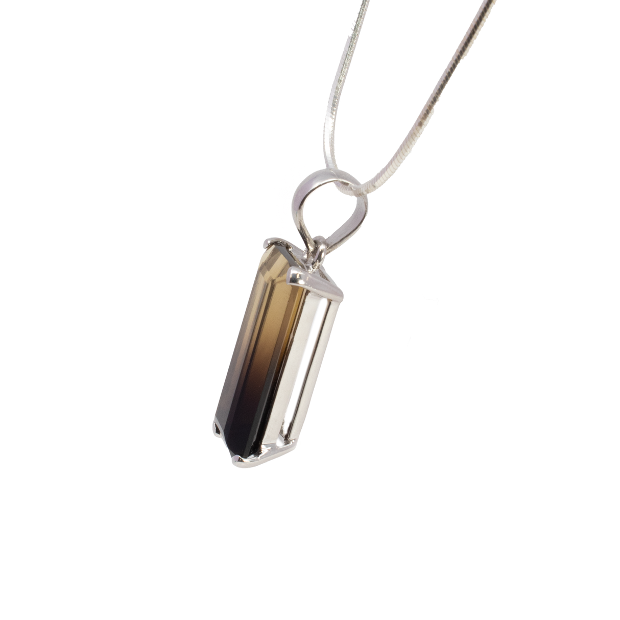 Phantom Smoky Quartz Pendant - Faceted Elongated Rectangle Prong Set on 925 Sterling Silver Open Base