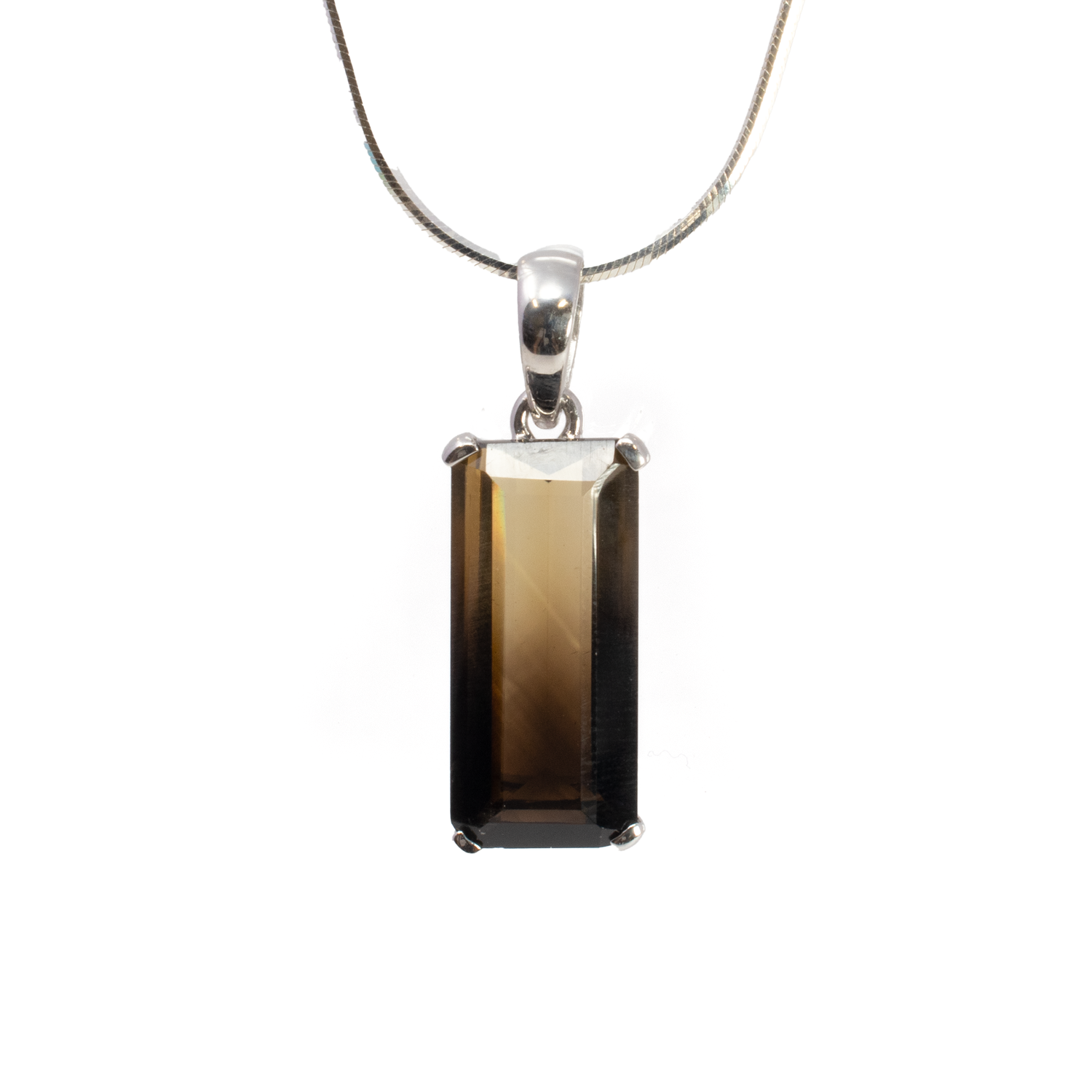 View of Phantom Smoky Quartz Pendant - Faceted Elongated Rectangle Prong Set on 925 Sterling Silver Open Base