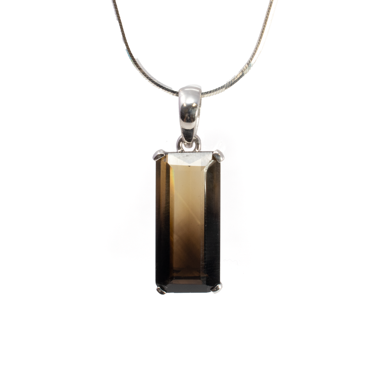 View of Phantom Smoky Quartz Pendant - Faceted Elongated Rectangle Prong Set on 925 Sterling Silver Open Base