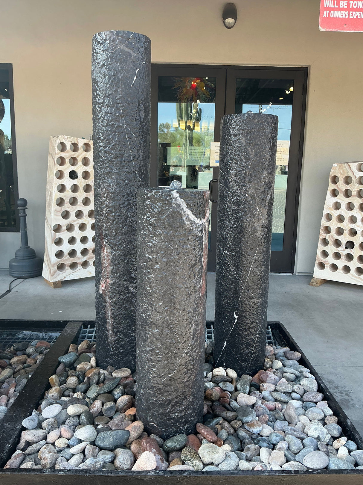 View of Black Marble Cylinder Fountain TRIO SET