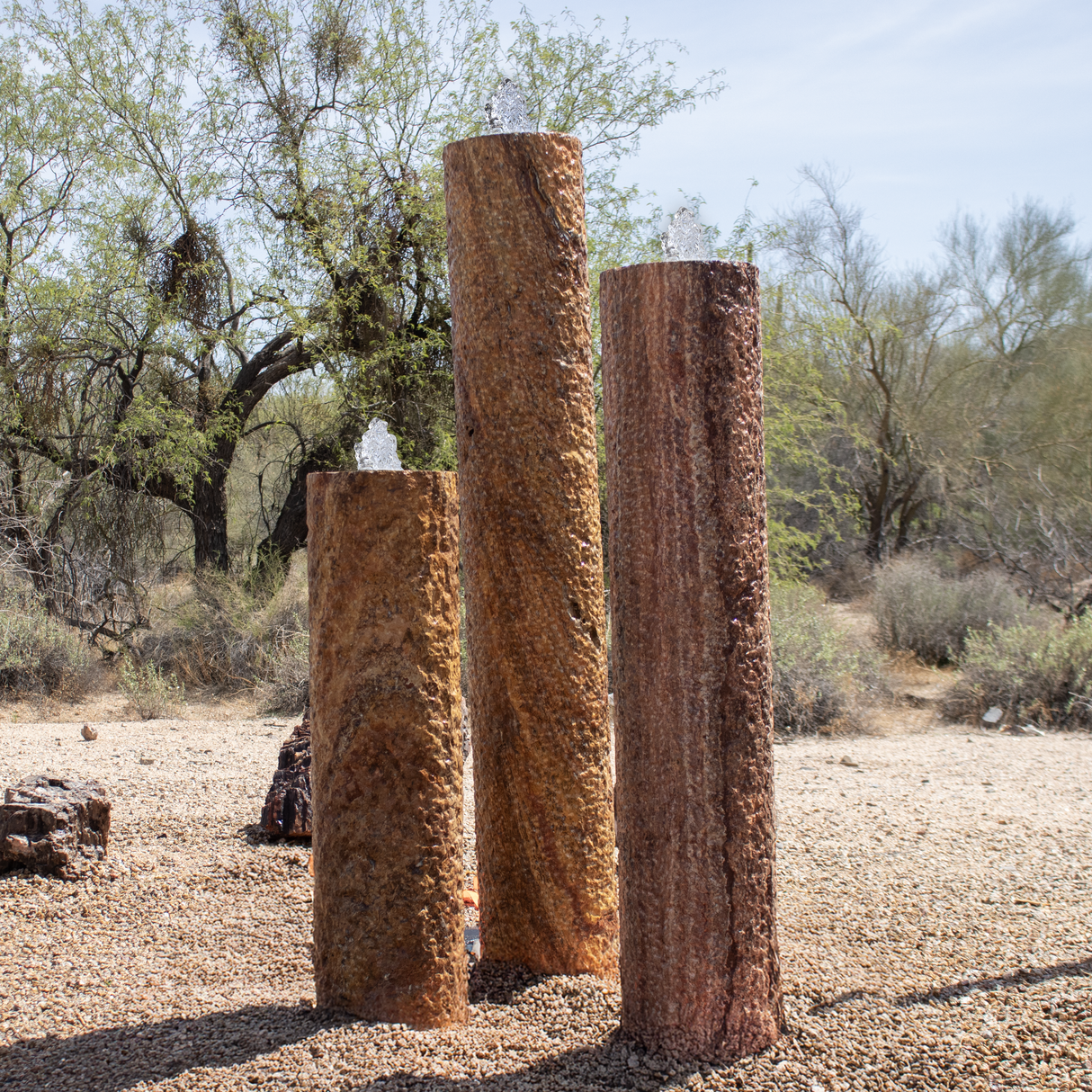 View of Travertine Cylinder Tower Fountain - SET of 3