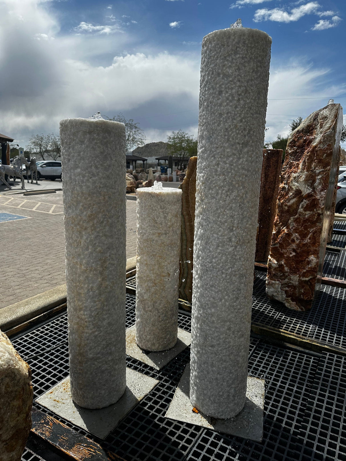 White Marble Rustic Cylinder Fountain Trio