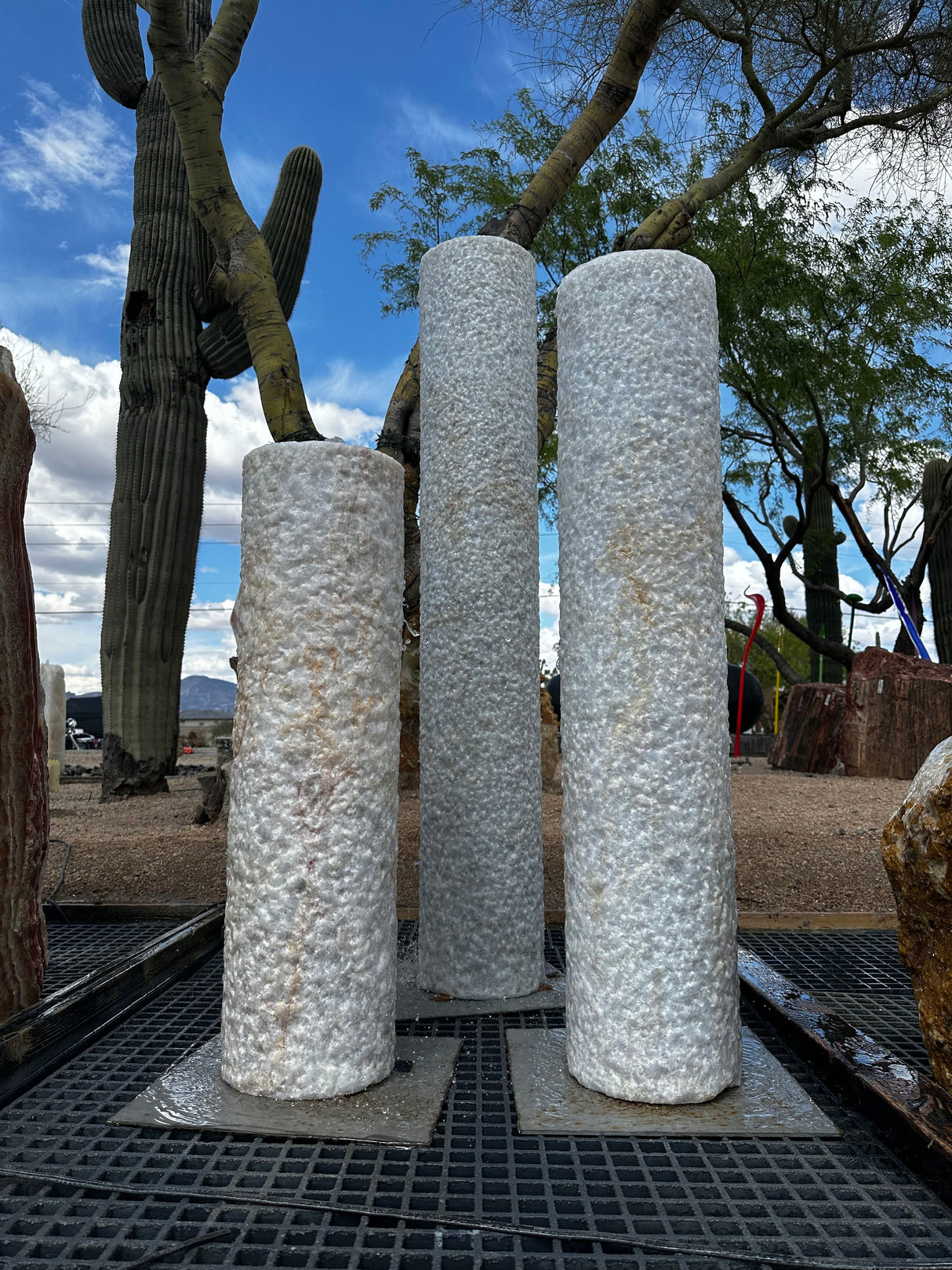 View of White Marble Rustic Cylinder Fountain Trio ***NO Basin