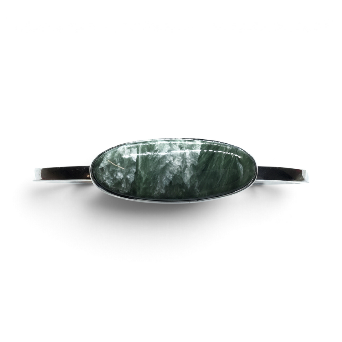 Rare Earth Gallery seraphinite twist bracelet featuring an elongated east-west oval cabochon in a silver bezel setting
