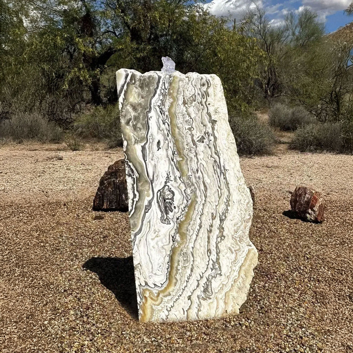 View of Zebra Onyx Rustic Rock Fountain With 2 Holes