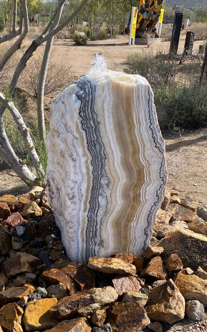 View of Zebra Onyx Fountain ***NO Basin - Boulder with Single Side Cut & Striking Lines