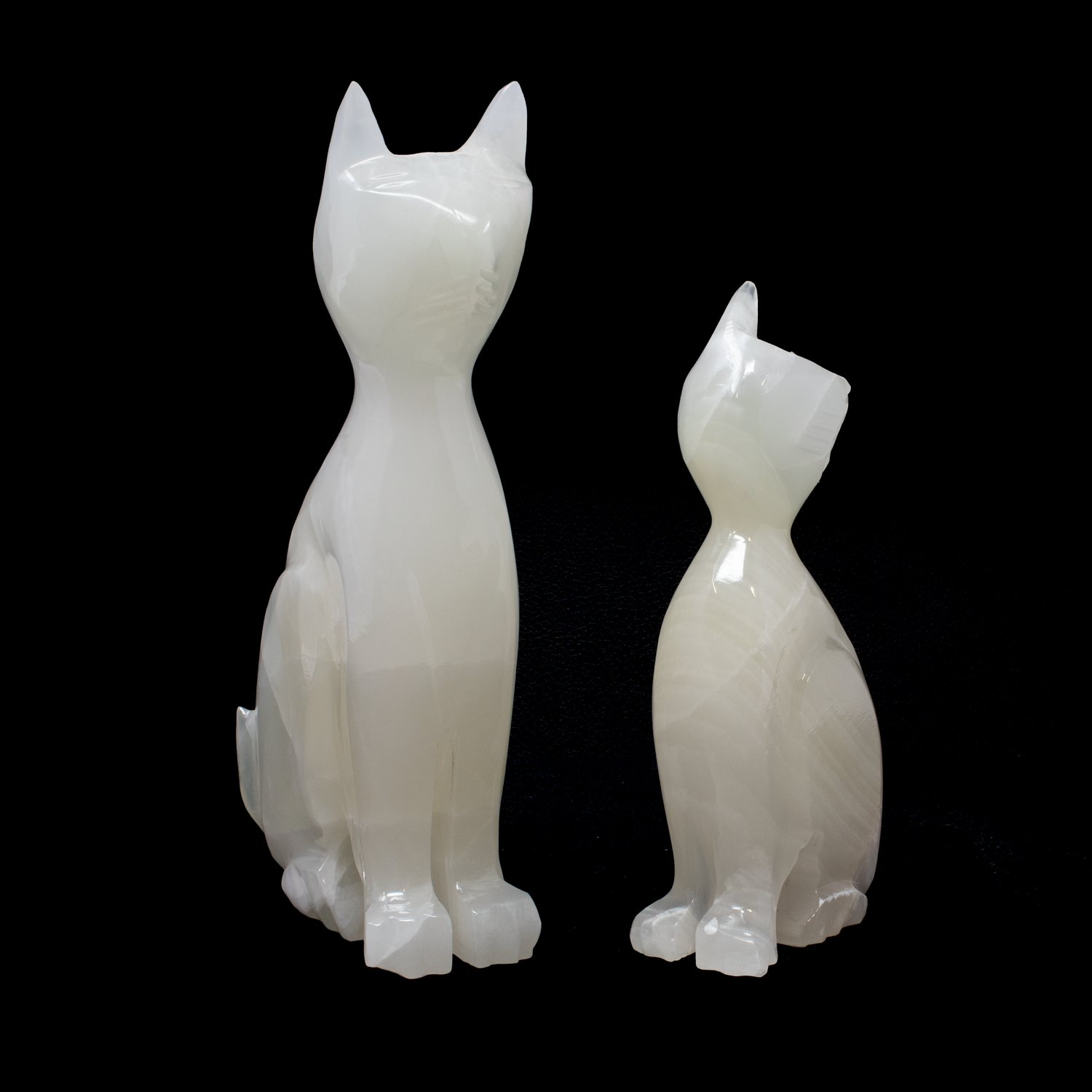 Ice White Onyx Cat Carving Duo - Sitting Pretty