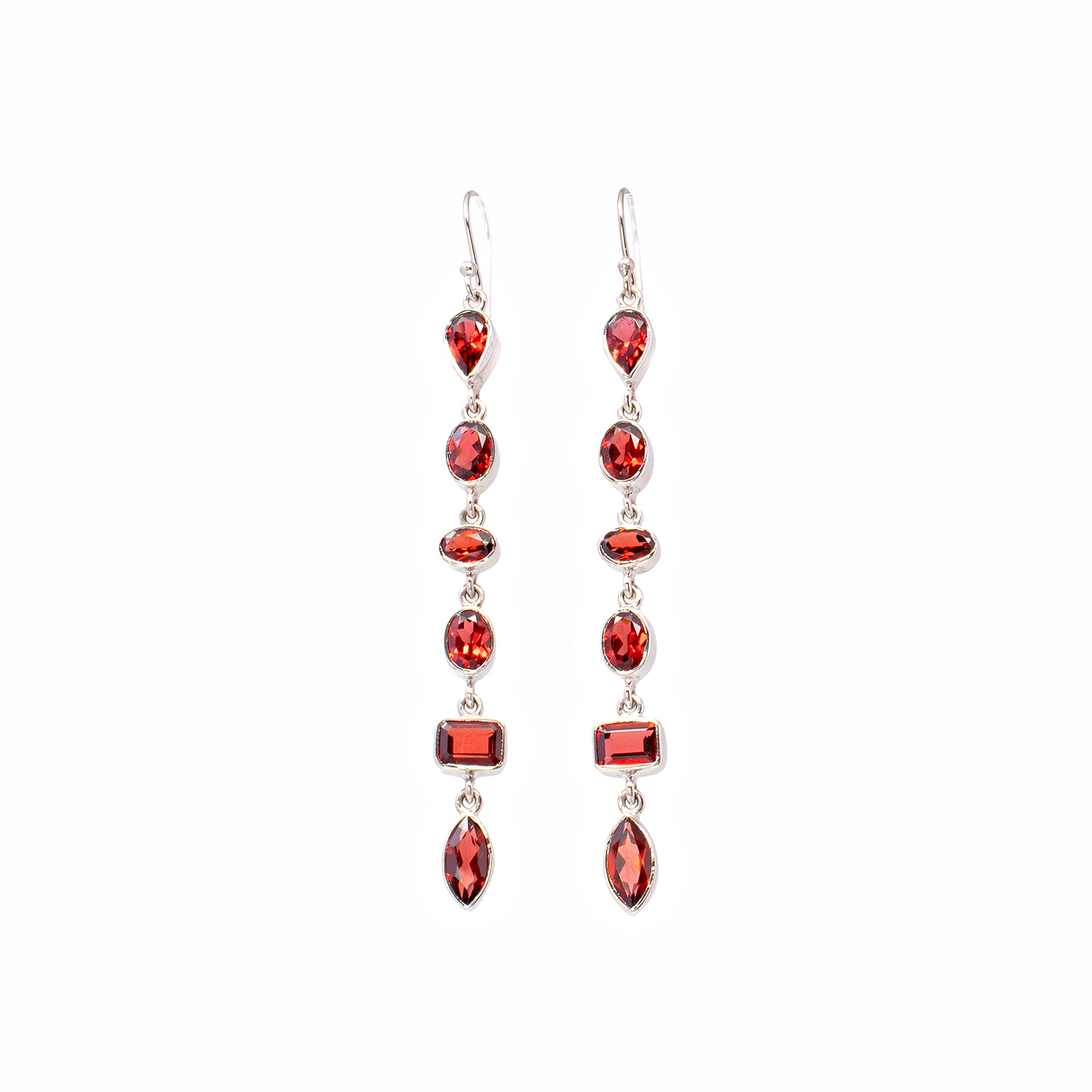View of Faceted Garnet Dangle Earrings - 6 Geometrics with 925 Sterling Silver Bezels