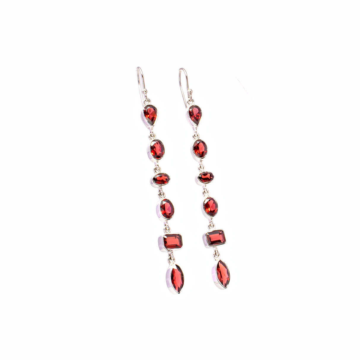 Faceted Garnet Dangle Earrings - 6 Geometrics with 925 Sterling Silver Bezels