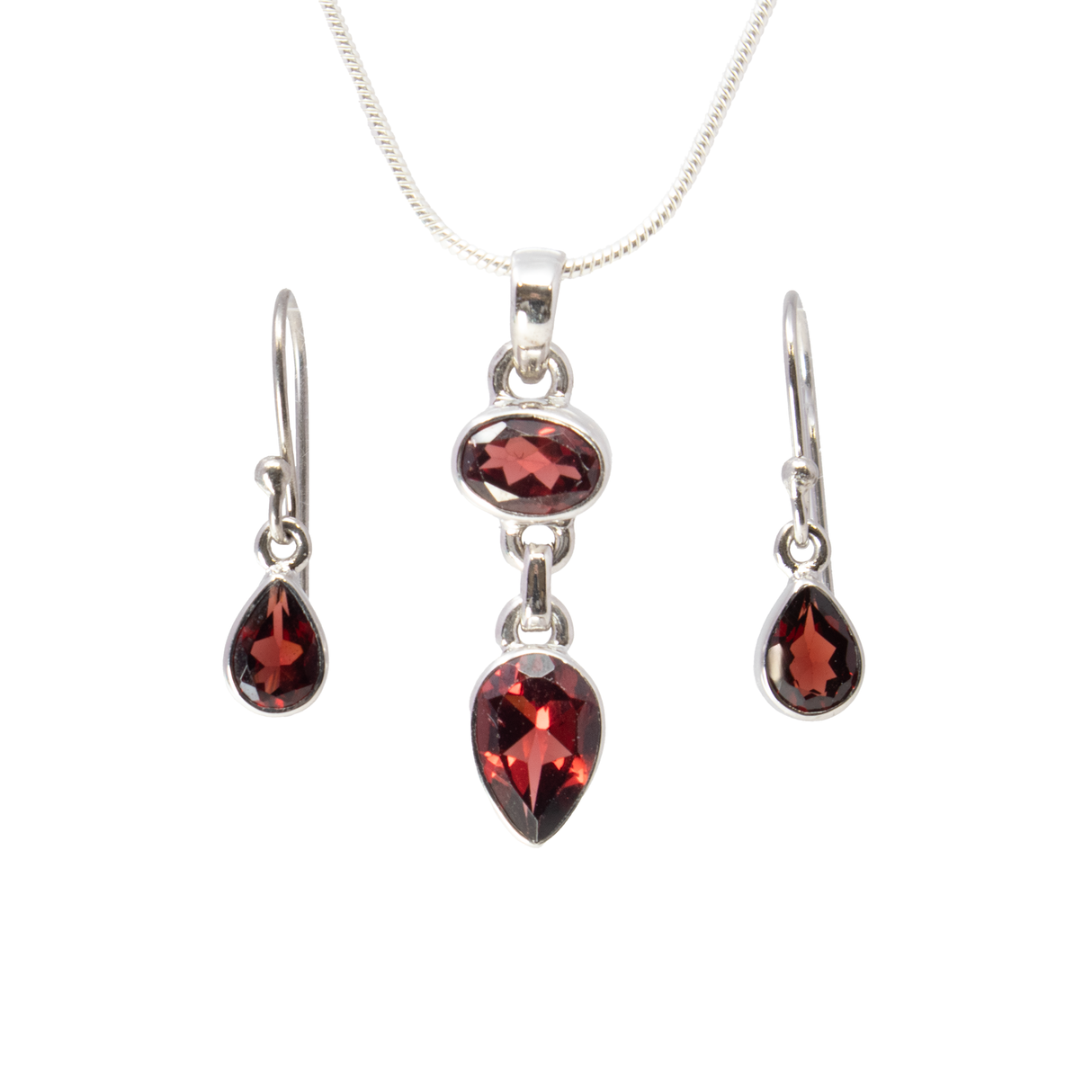 View of Faceted Garnet Set - Pendant & Dangle Earrings - Oval & Pear Pendant with Pear Dangle Earrings Set in 925 Sterling Silver