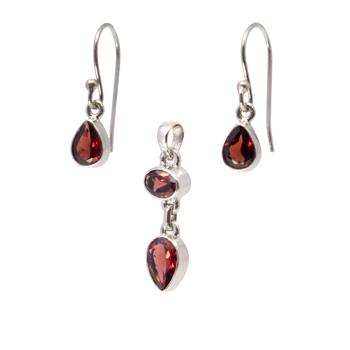 Faceted Garnet Set - Pendant & Dangle Earrings - Oval & Pear Pendant with Pear Dangle Earrings Set in 925 Sterling Silver