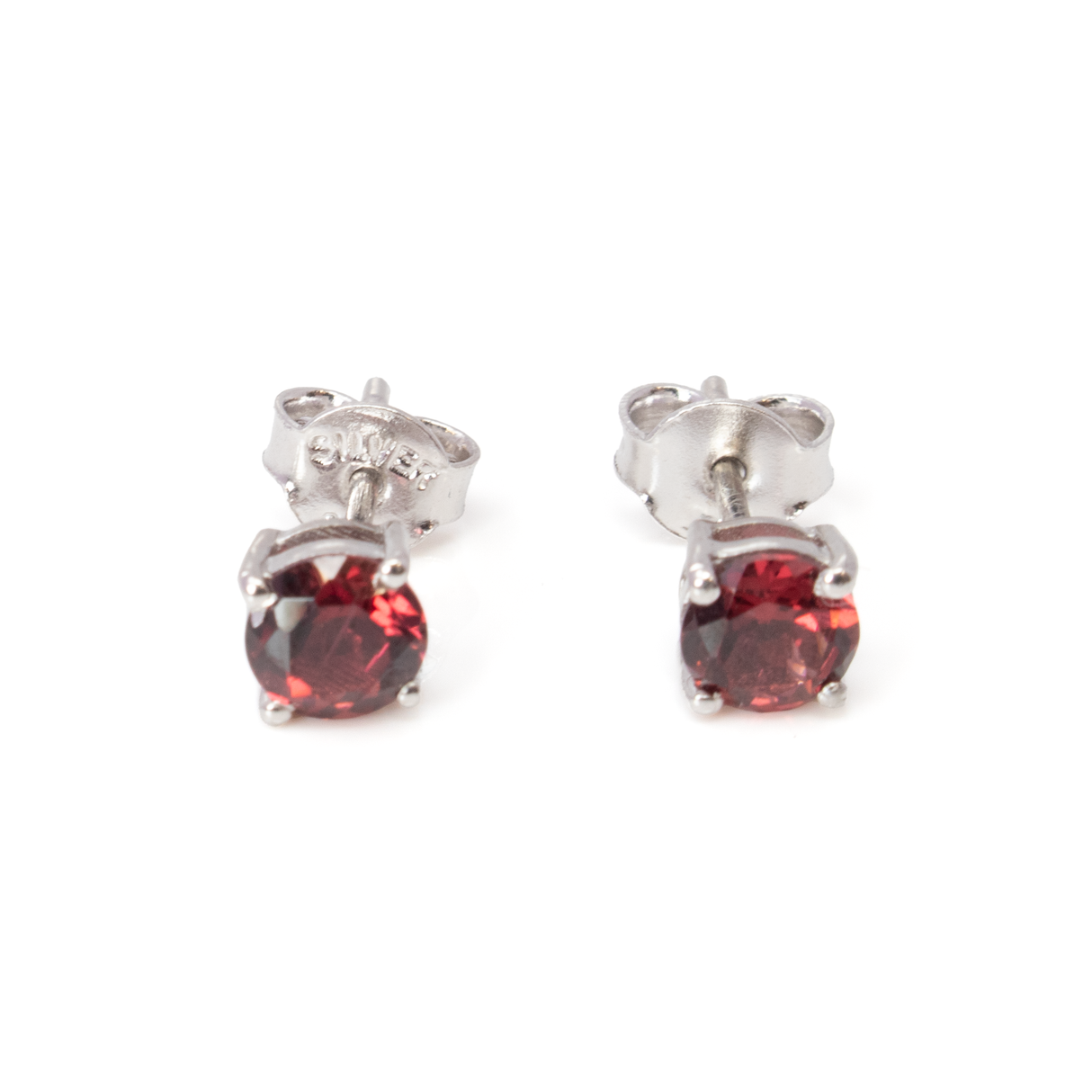 View of Faceted Garnet Stud Earrings - 5mm Round Prong Set with 925 Sterling Silver