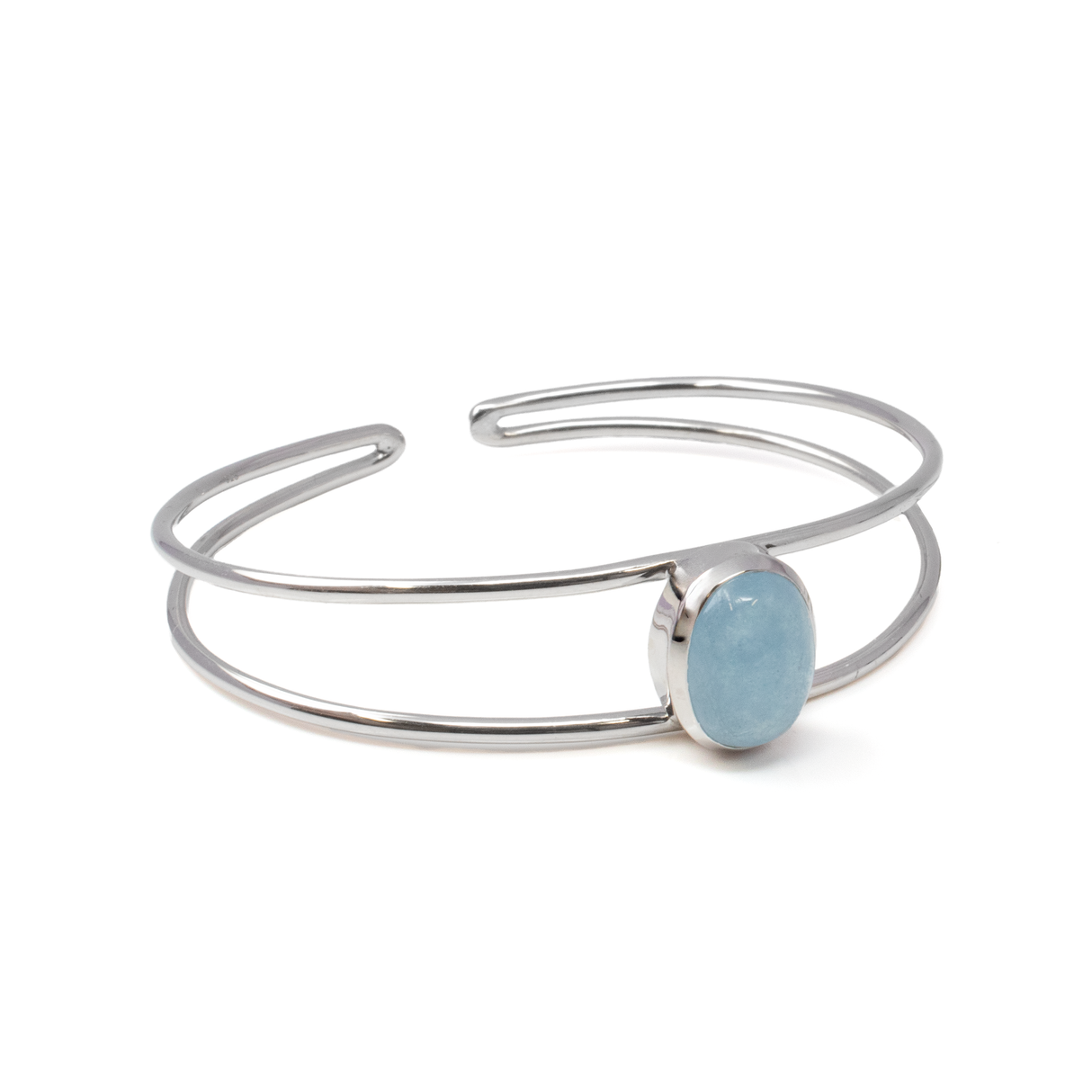 Aquamarine Cuff Bracelet - Oval Cabochon Set in 925 Sterling Silver Bezel on 2-Band Cuff