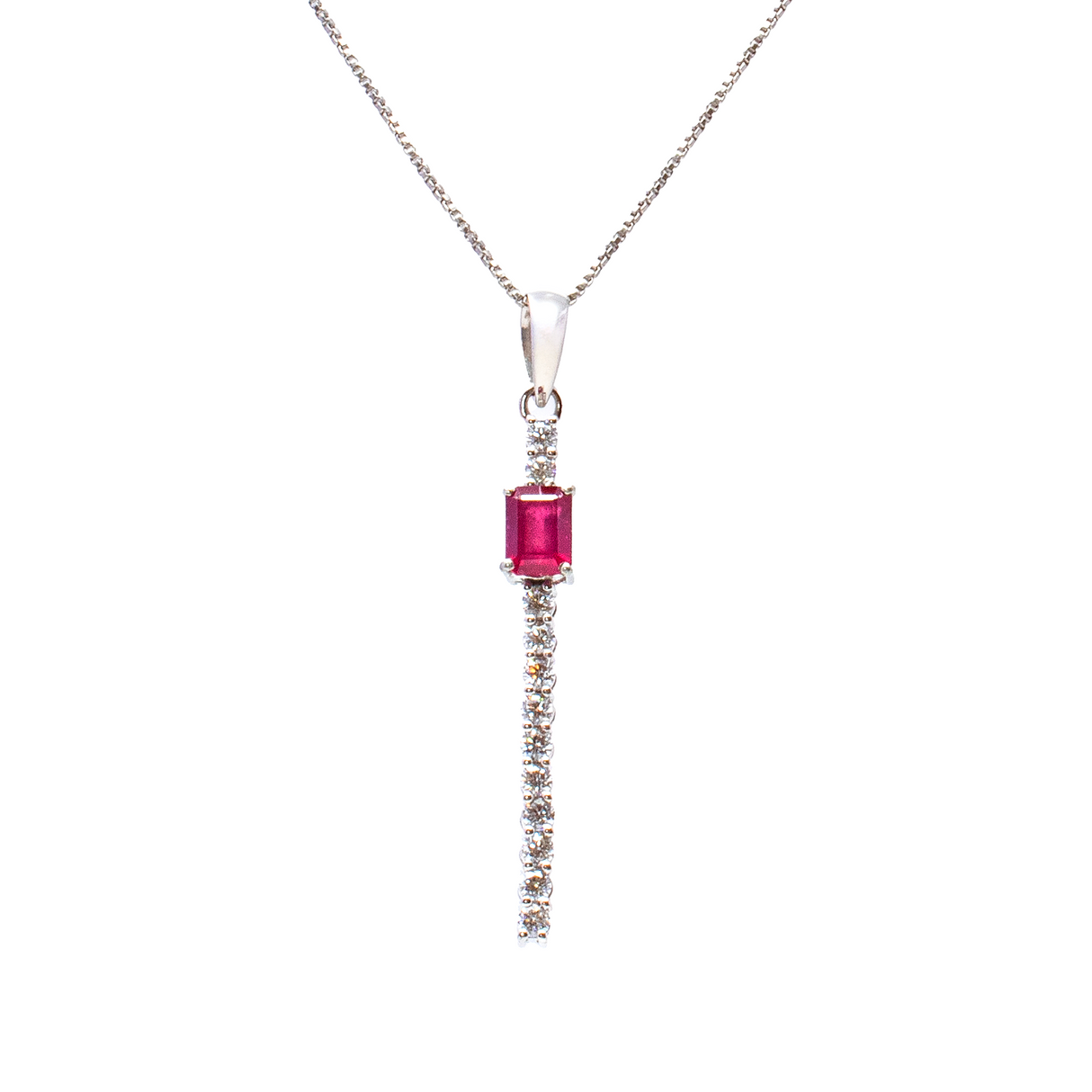 View of Faceted Ruby Necklace - Emerald Cut Rectangle Prong Set on 925 Sterling Silver Bar with 12 Faceted White CZs