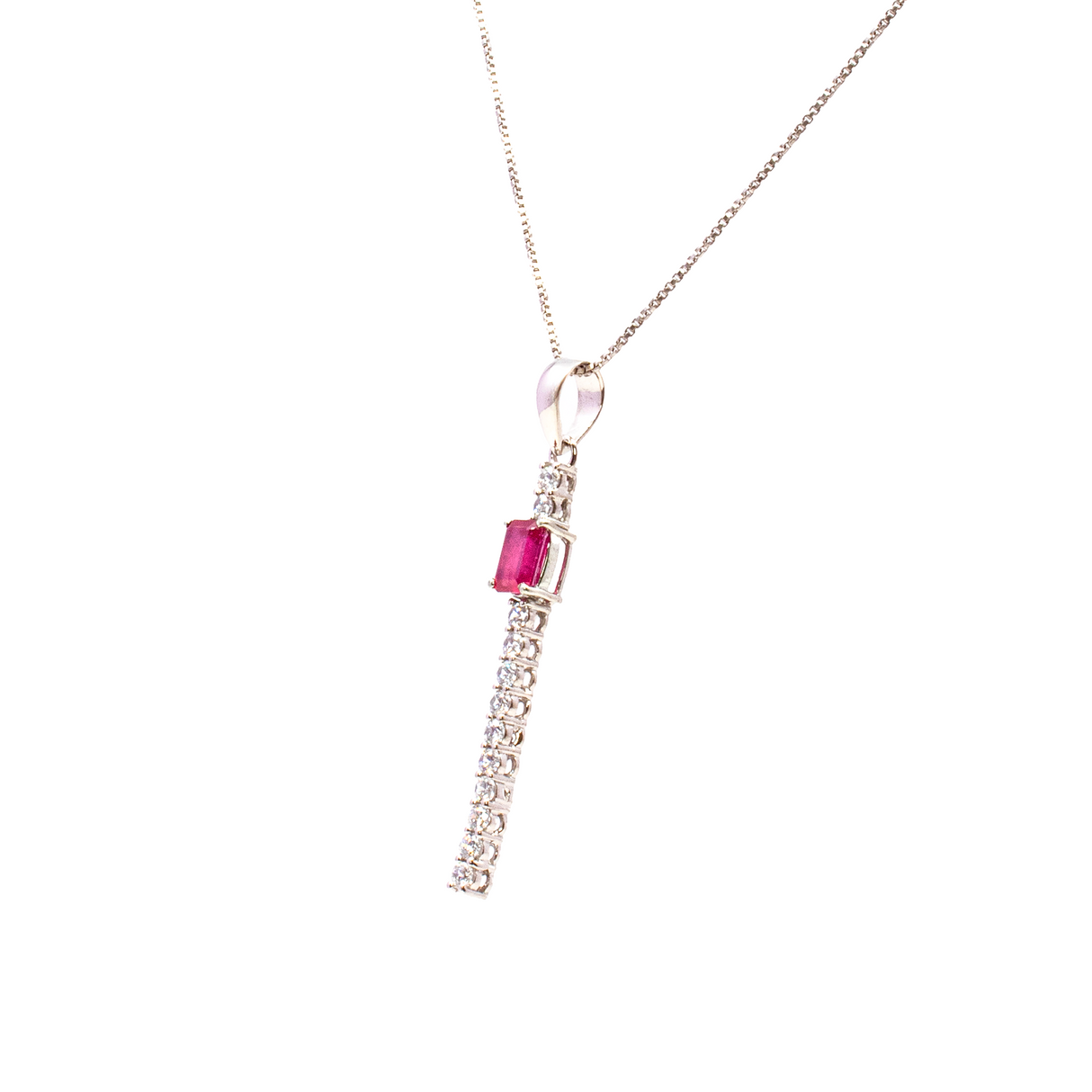 Faceted Ruby Necklace - Emerald Cut Rectangle Prong Set on 925 Sterling Silver Bar with 12 Faceted White CZs