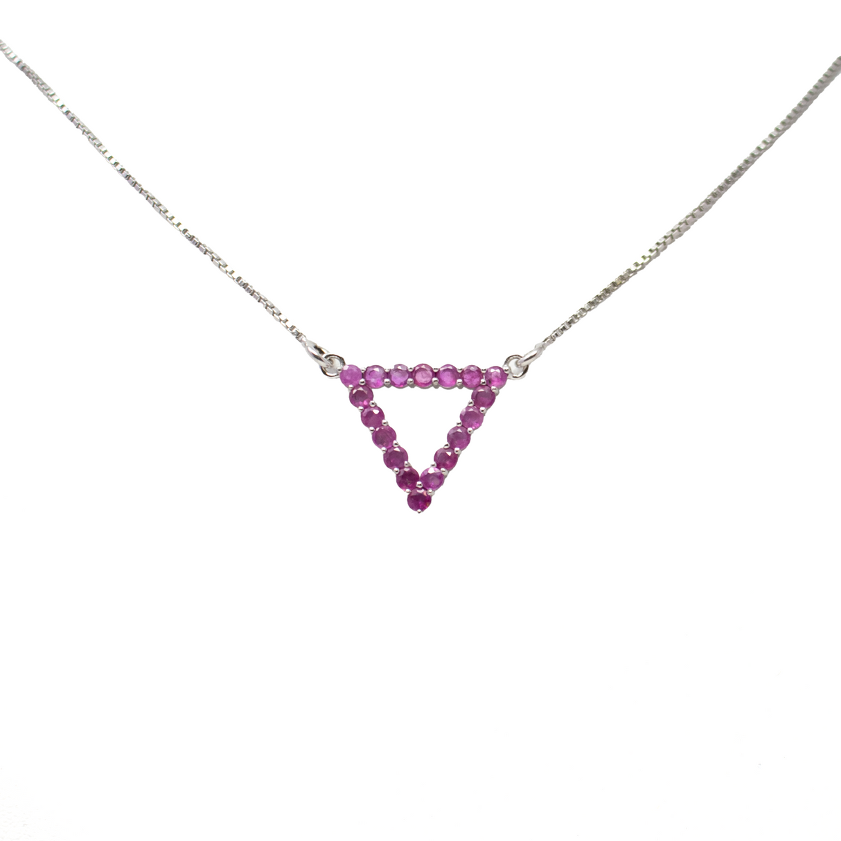 View of Faceted Ruby Necklace - Open Triangle with 18 Prong Set Faceted Rounds on Simple 925 Sterling Silver Box Chain