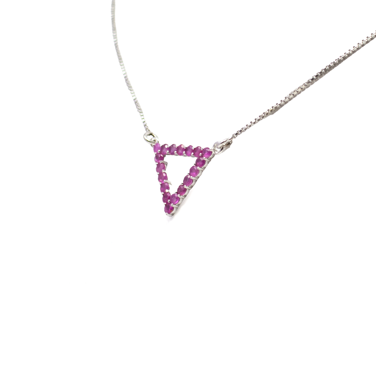 Faceted Ruby Necklace - Open Triangle with 18 Prong Set Faceted Rounds on Simple 925 Sterling Silver Box Chain