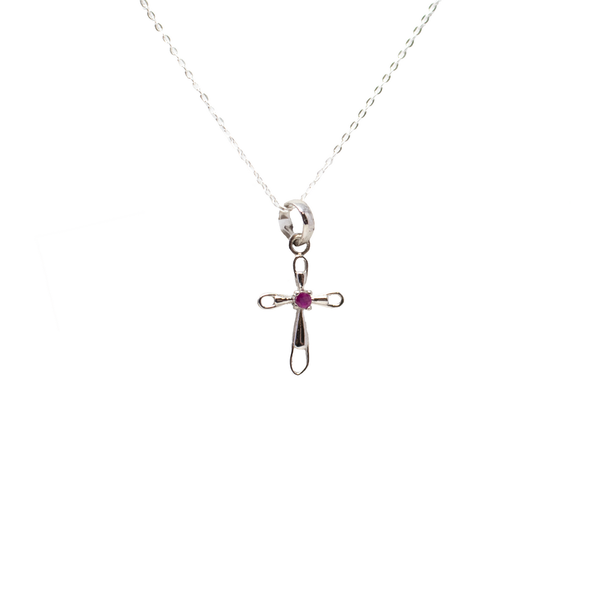 View of Faceted Ruby Pendant - Dainty 925 Sterling Silver (Rhodium Plated) Cross with Prong Set Round in Center & Cutout Edge