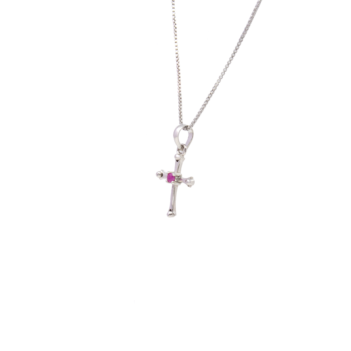 Faceted Ruby Pendant - Dainty 925 Sterling Silver (Rhodium Plated) Cross with Prong Set Round in Center & Silver Beaded Edge