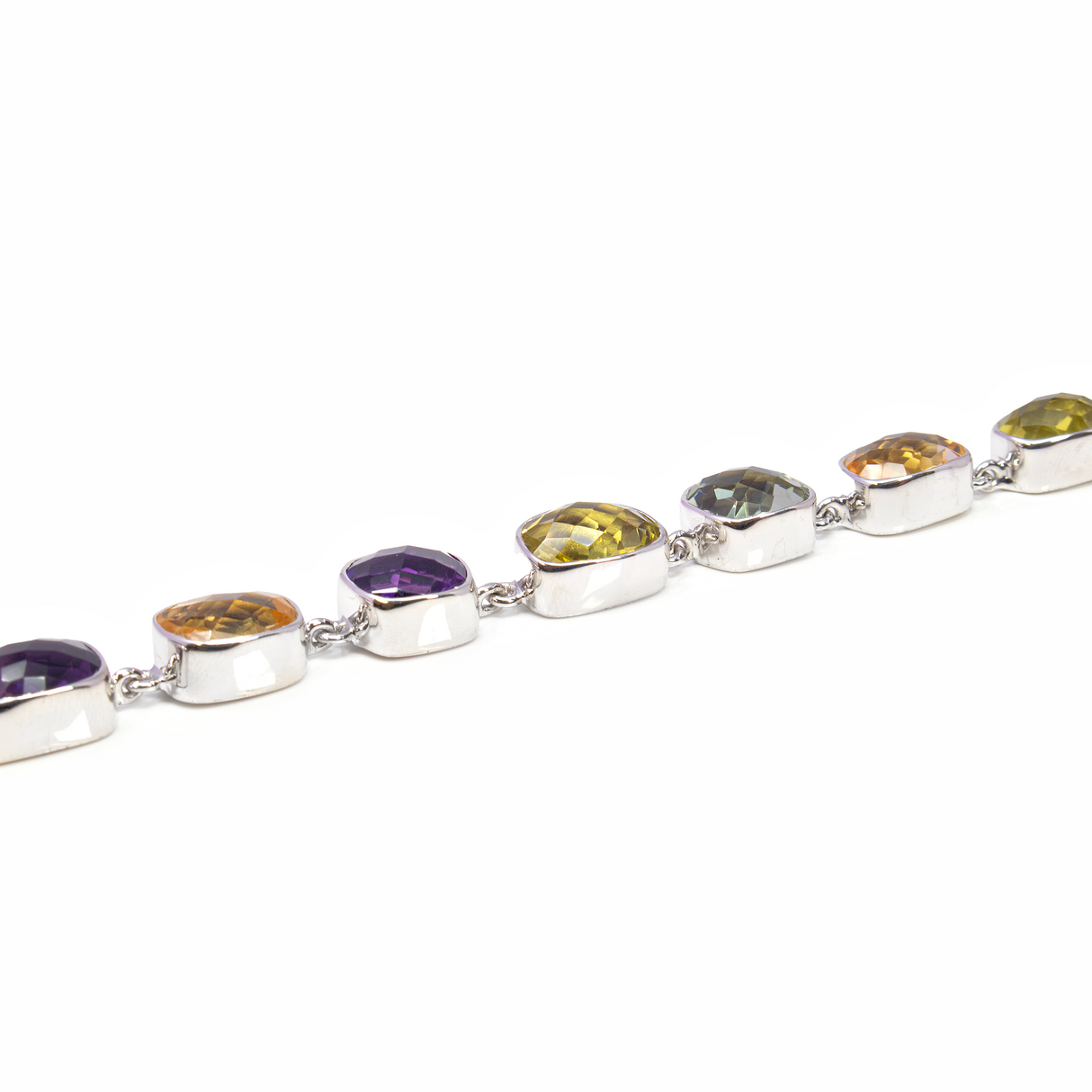 Multi Gemstone Link Bracelet - 8 Faceted Freeforms with 925 Sterling Silver Bezels - Amethyst-Citrine-Prasiolite-Lemon Quartz-Smoky Quartz