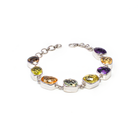 View of Multi Gemstone Link Bracelet - 8 Faceted Freeforms with 925 Sterling Silver Bezels - Amethyst-Citrine-Prasiolite-Lemon Quartz-Smoky Quartz