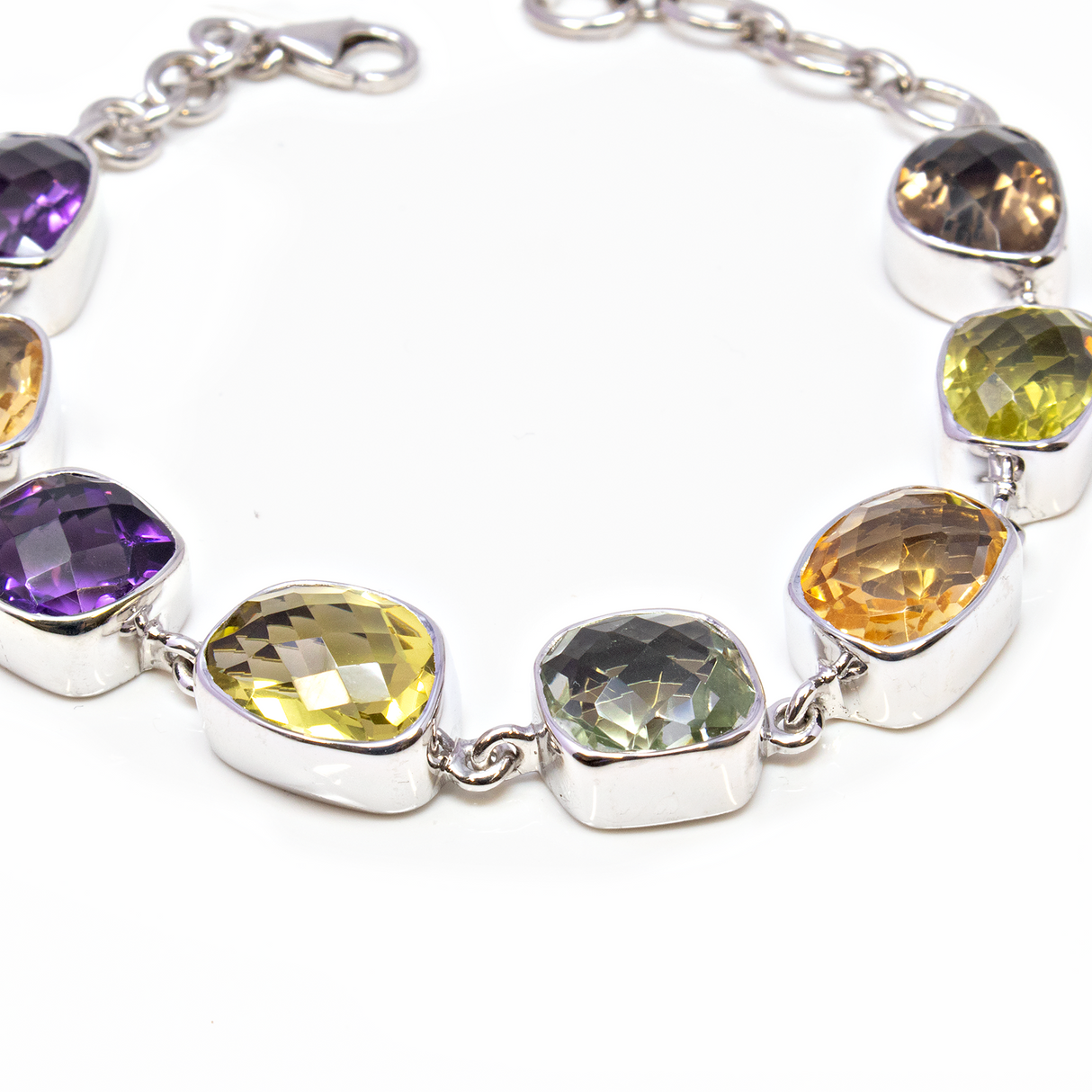 Multi Gemstone Link Bracelet - 8 Faceted Freeforms with 925 Sterling Silver Bezels - Amethyst-Citrine-Prasiolite-Lemon Quartz-Smoky Quartz