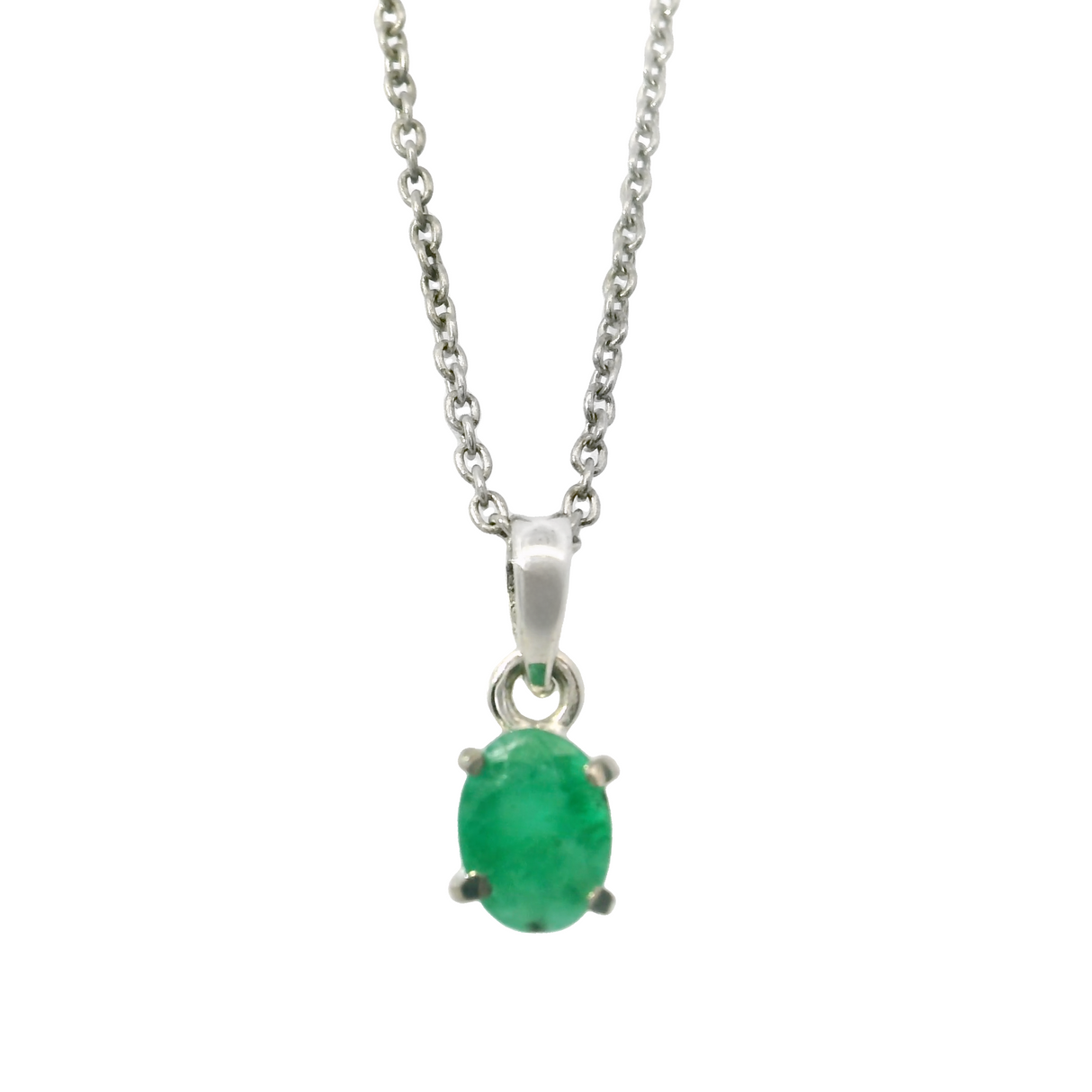 View of Faceted Emerald Necklace - Dainty Prong Set Oval with 925 Sterling Silver Box Chain