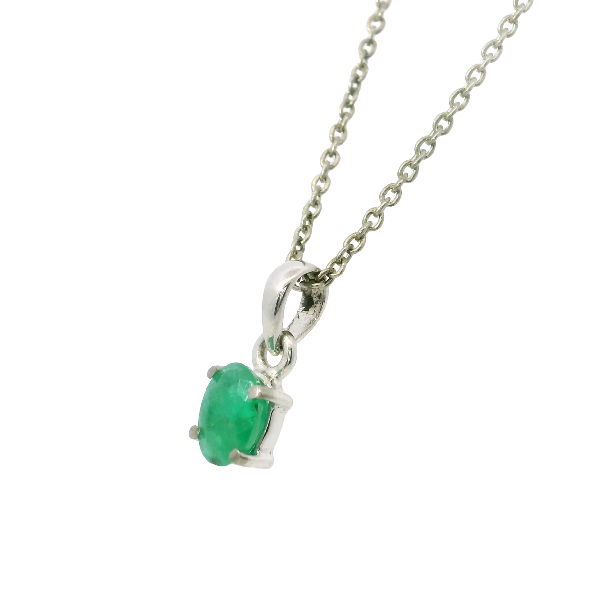 Faceted Emerald Necklace - Dainty Prong Set Oval with 925 Sterling Silver Box Chain