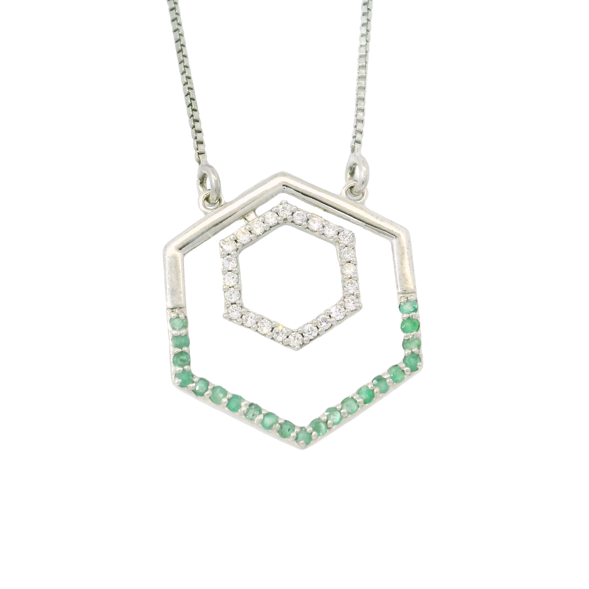 View of Faceted Emerald Necklace - Hexagon with Half Round Pave & Mini Hexagon Inside with White CZ Pave - 925 Sterling Silver Box Chain