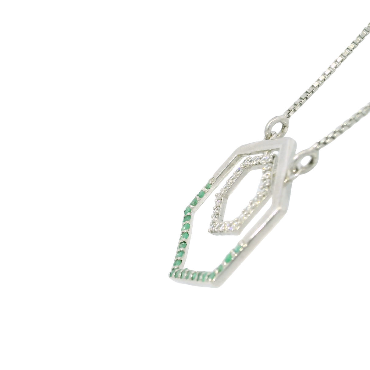 Faceted Emerald Necklace - Hexagon with Half Round Pave & Mini Hexagon Inside with White CZ Pave - 925 Sterling Silver Box Chain