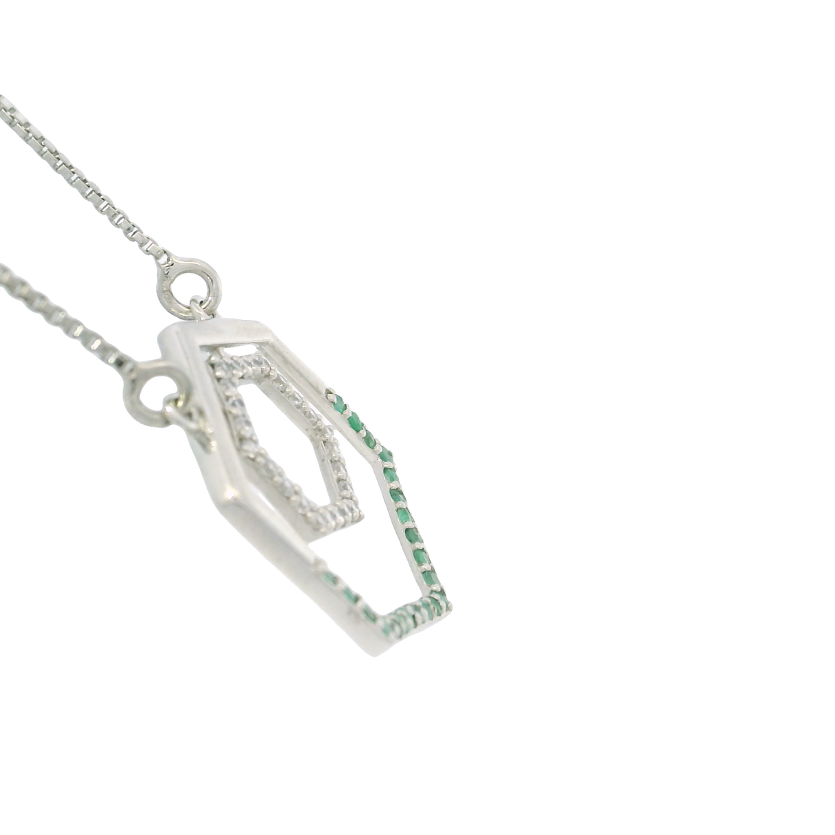 Faceted Emerald Necklace - Hexagon with Half Round Pave & Mini Hexagon Inside with White CZ Pave - 925 Sterling Silver Box Chain