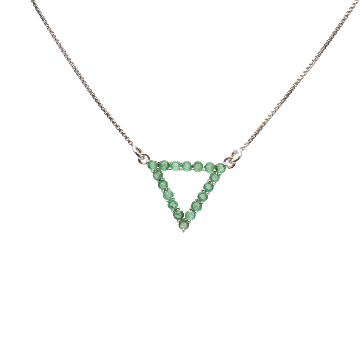 View of Faceted Emerald Necklace - Open Triangle with 18 Prong Set Faceted Rounds on Simple 925 Sterling Silver Box Chain