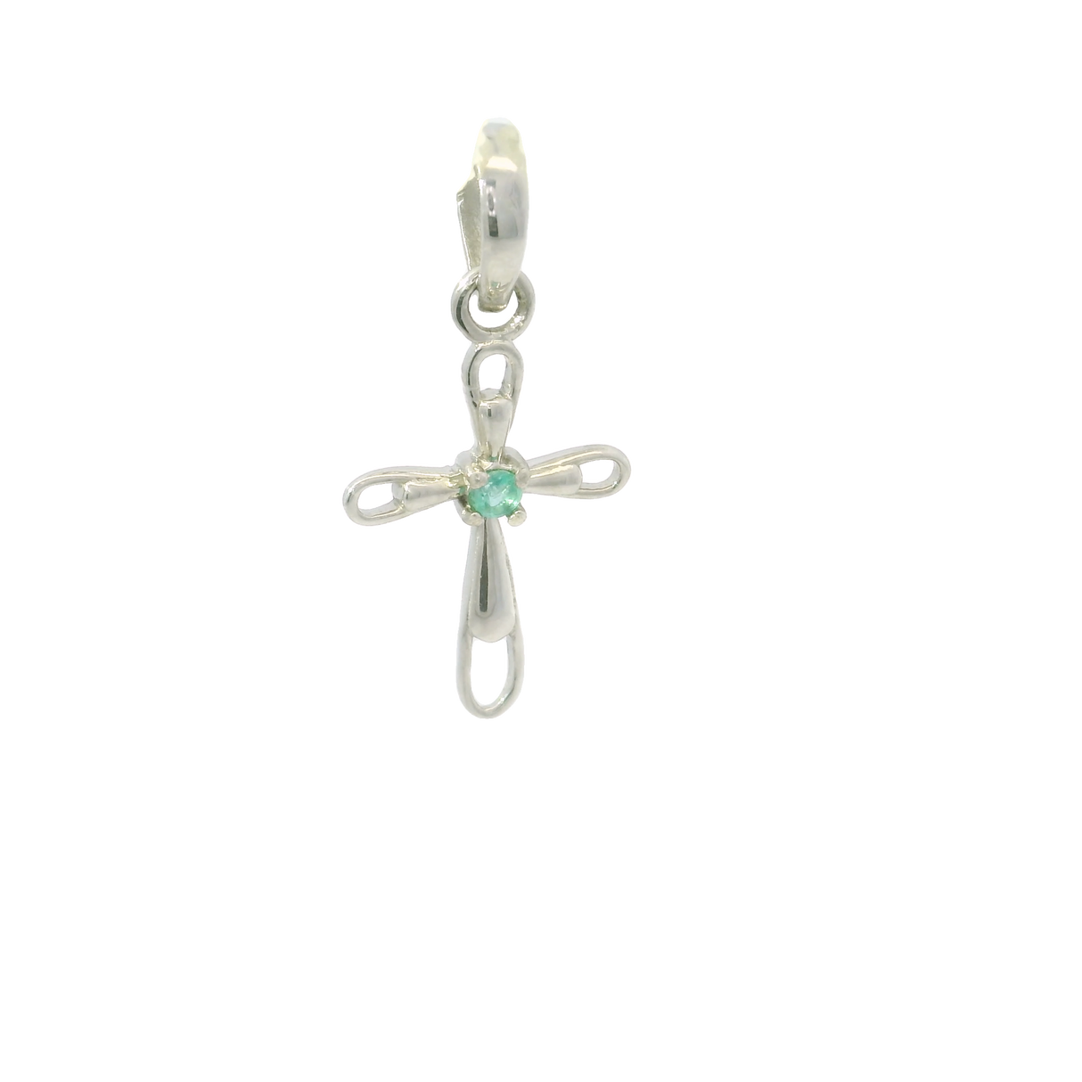 Faceted Emerald Pendant - Dainty 925 Sterling Silver (Rhodium Plated) Cross with Prong Set Round in Center & Cutout Edge