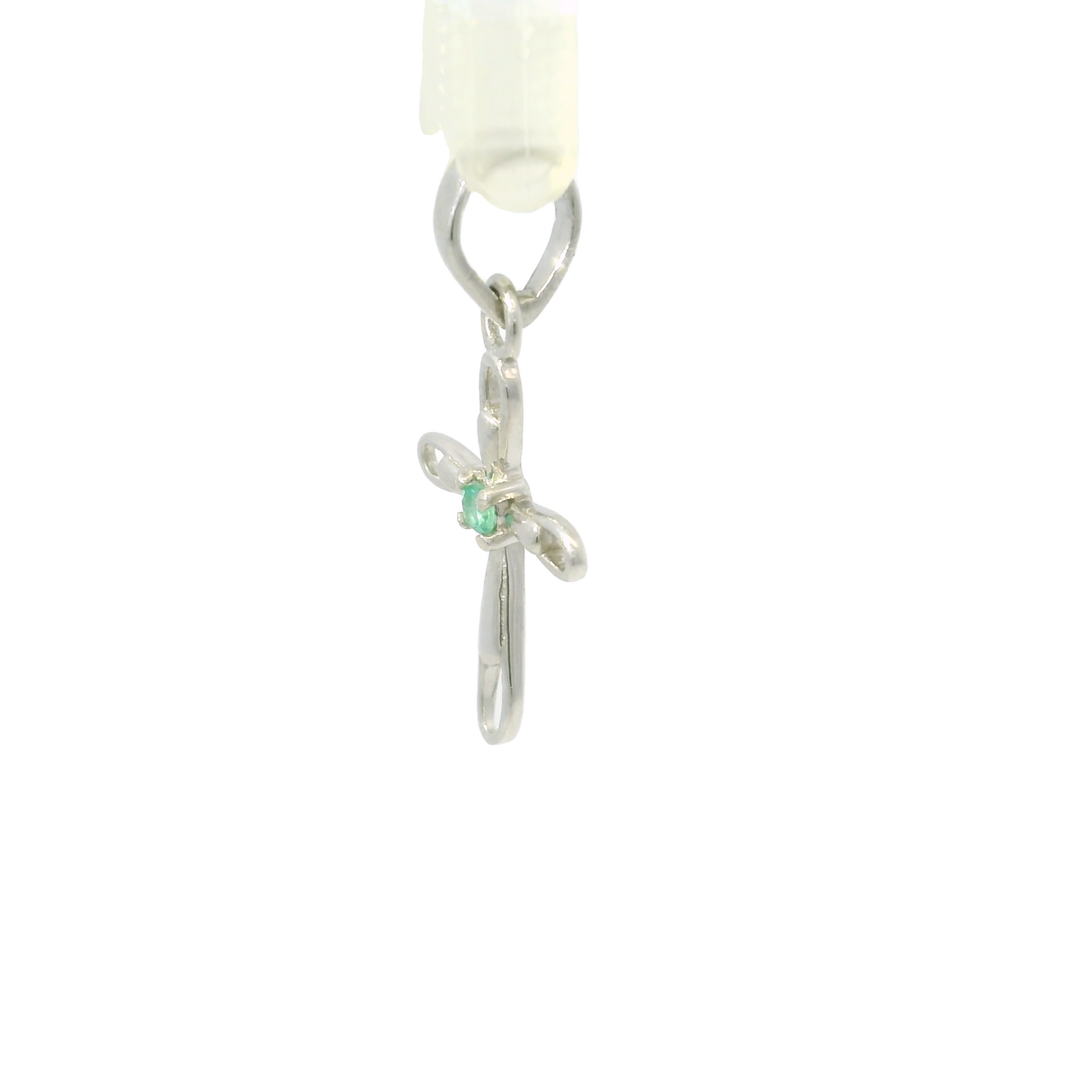 Faceted Emerald Pendant - Dainty 925 Sterling Silver (Rhodium Plated) Cross with Prong Set Round in Center & Cutout Edge