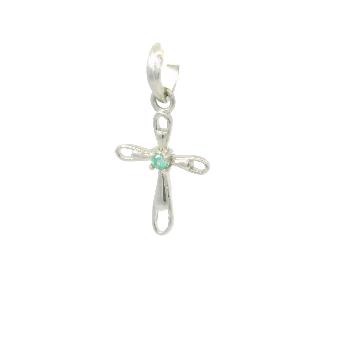 View of Faceted Emerald Pendant - Dainty 925 Sterling Silver (Rhodium Plated) Cross with Prong Set Round in Center & Cutout Edge