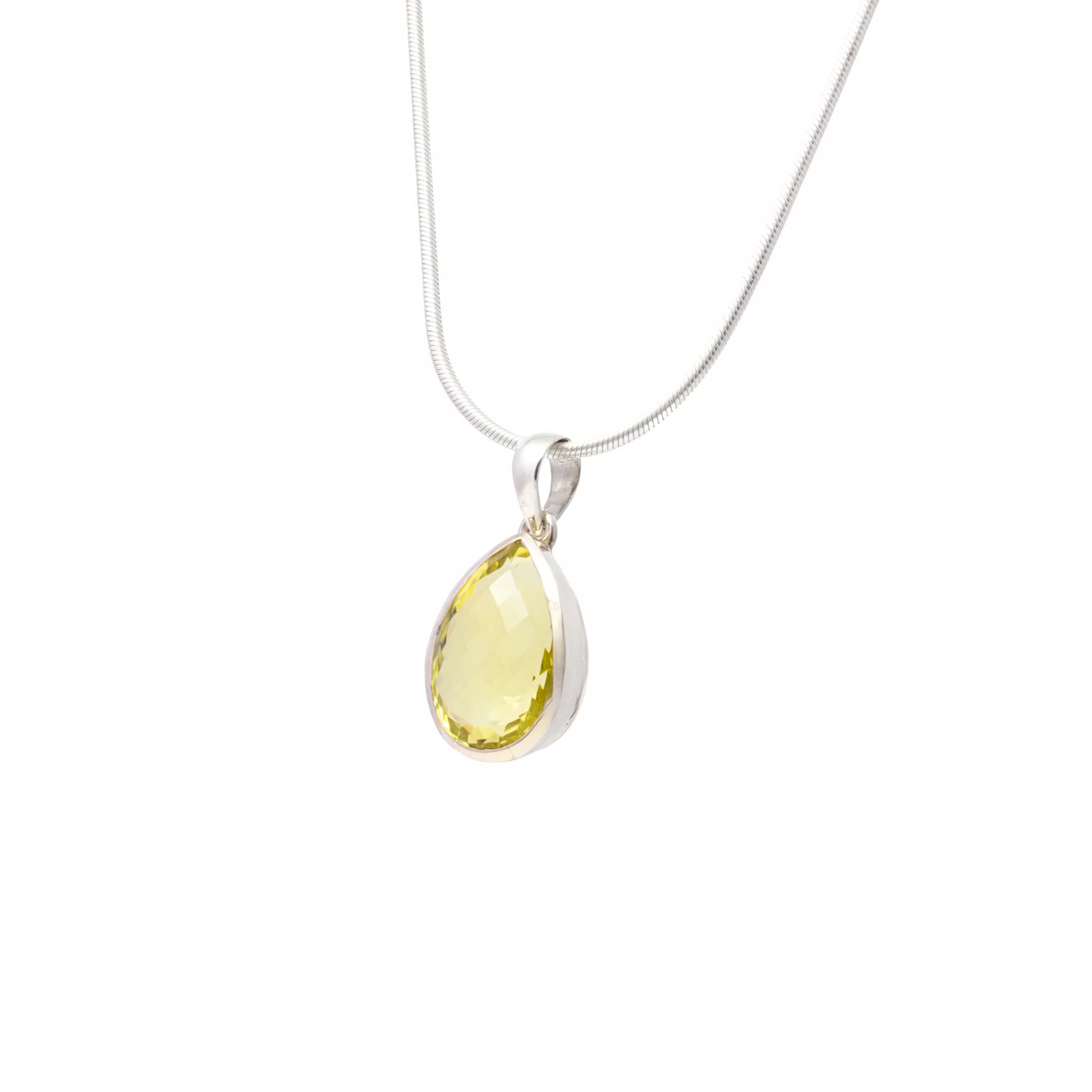 Lemon Quartz Pendant - Classic Faceted Pear with 925 Sterling Silver Bezel & Bail