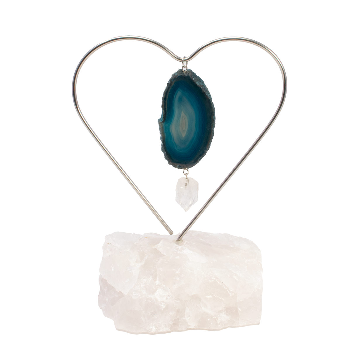 View of Dyed Teal Slice Desktop Heart Frame On Quartz Base