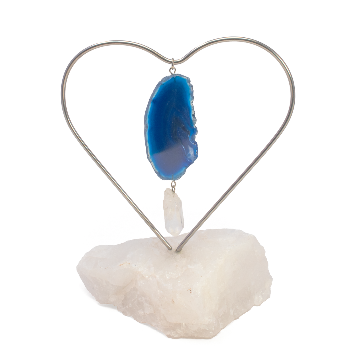 View of Dyed Dark Blue Agate Slice Desktop Heart Frame On Quartz Base